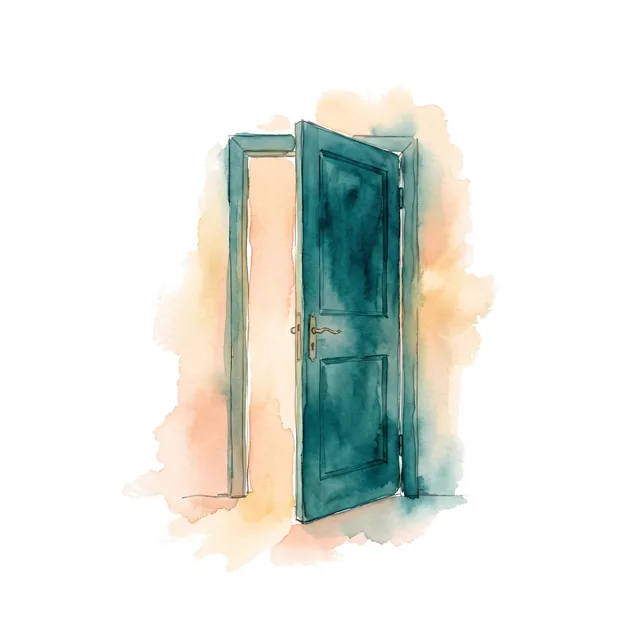 Puerta abierta con luz cálida, en acuarela