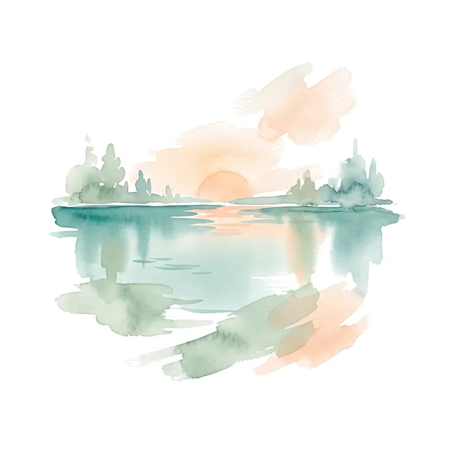 Lago al amanecer, en acuarela