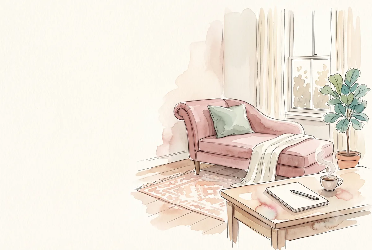 Diván de psicoanálisis con escritorio, anotador y taza, ilustración en acuarela