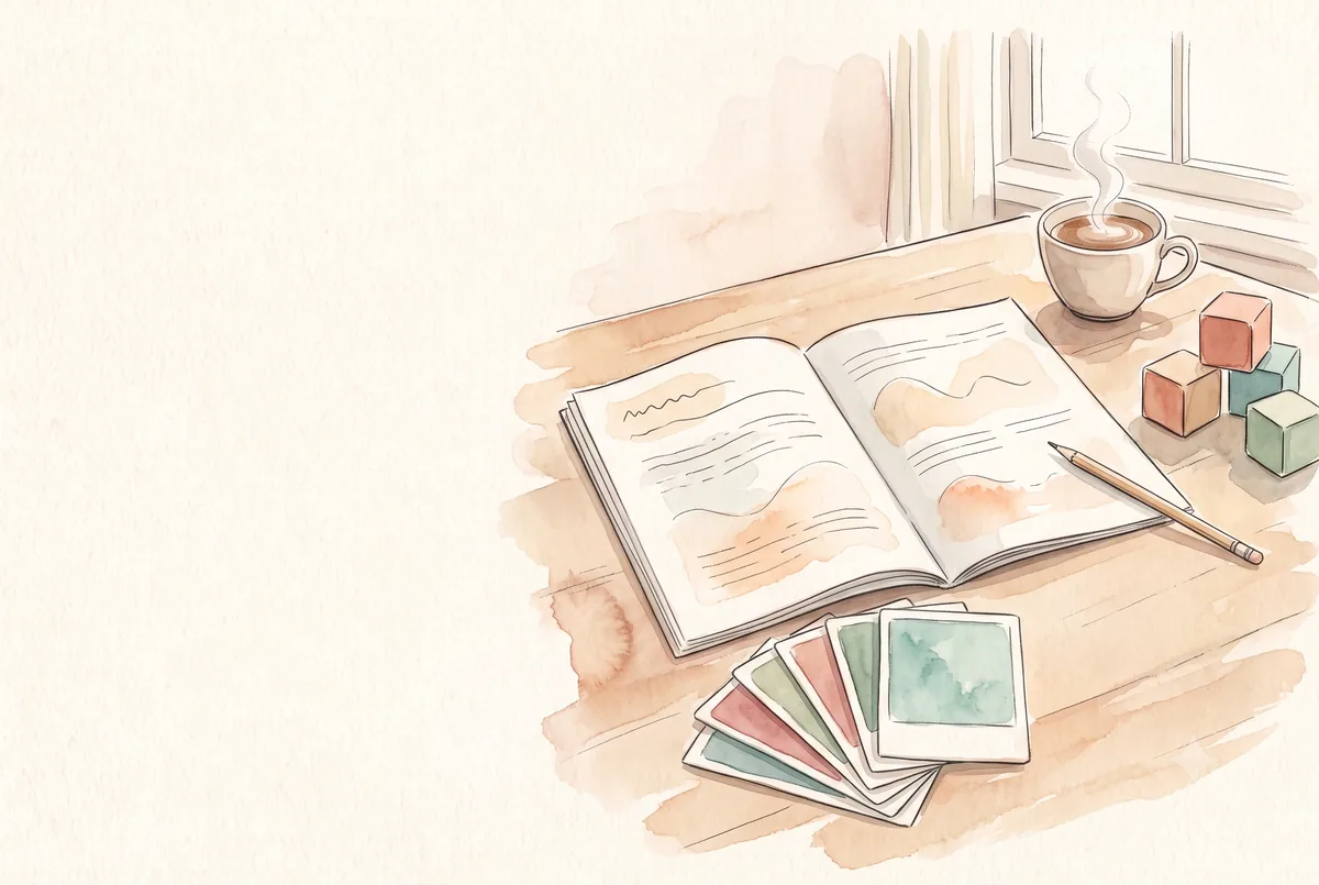 Escritorio de evaluación psicológica con informe, cartas de test y bloques, ilustración en acuarela