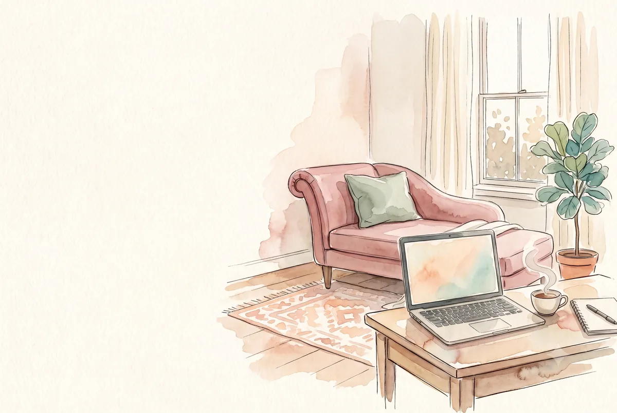 Escritorio con notebook para terapia online y consultorio de fondo, ilustración en acuarela