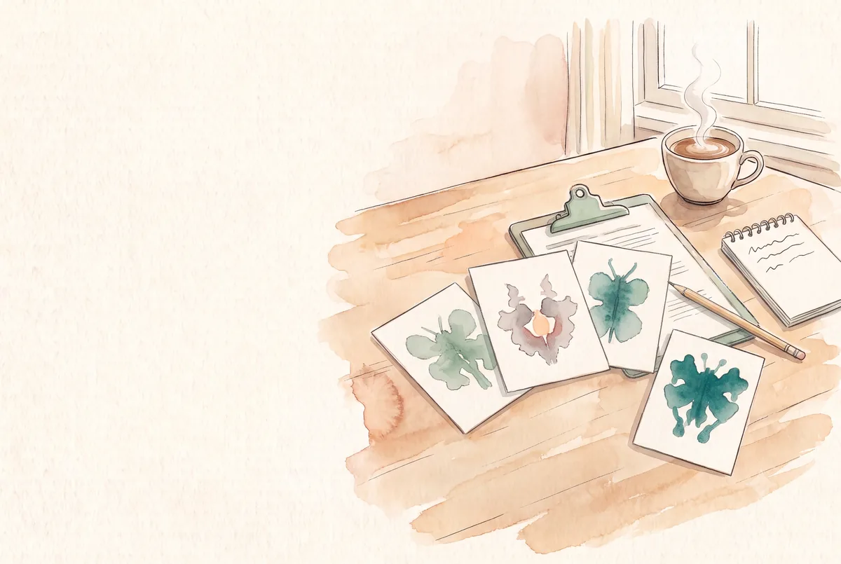 Tarjetas de test proyectivo sobre un escritorio, ilustración en acuarela