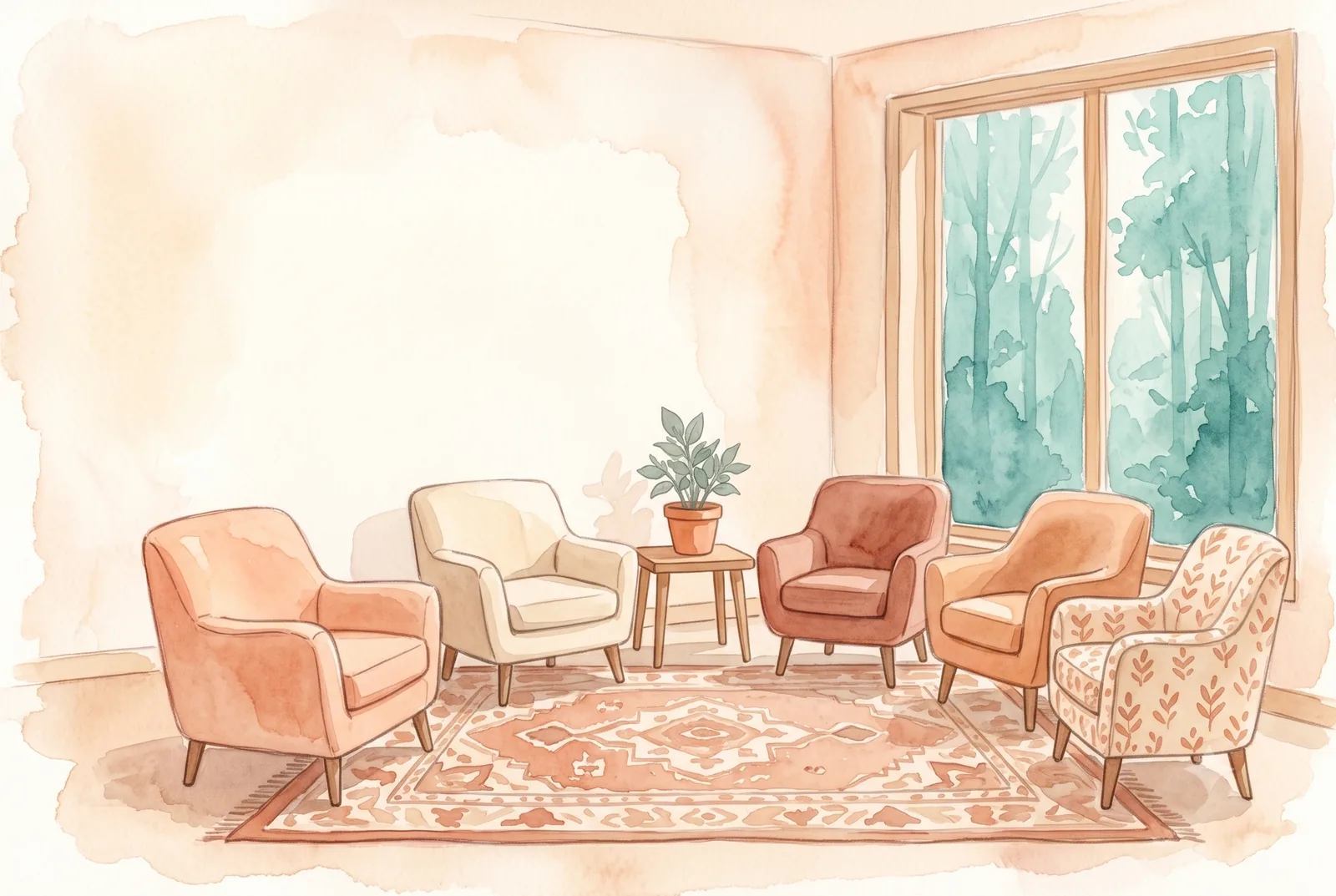 Sala cálida con una ronda de sillones distintos alrededor de una alfombra, con un ventanal con vista a los árboles, ilustración en acuarela