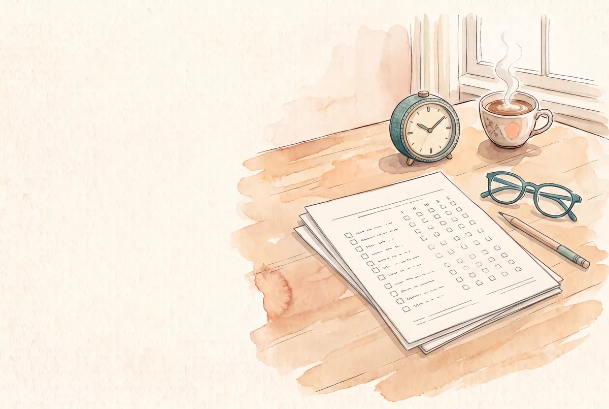 Escritorio con cuestionario de evaluación y reloj, ilustración en acuarela