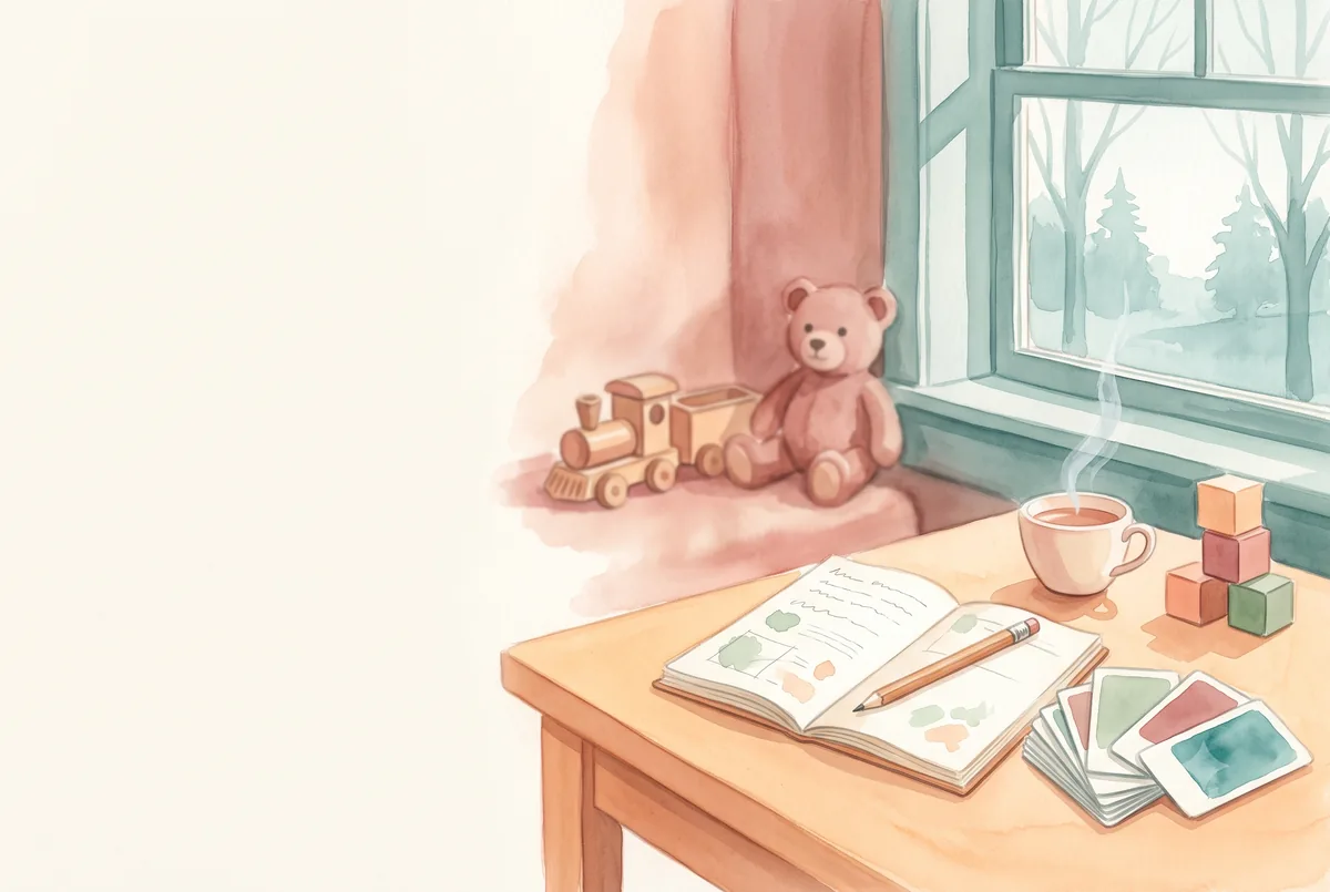 Escritorio de evaluación infantil con informe, cartas de test, bloques y juguetes de madera, ilustración en acuarela