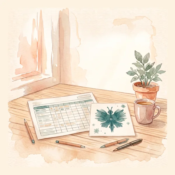 Escritorio con planilla, tarjeta de Rorschach y lapiceras, ilustración en acuarela
