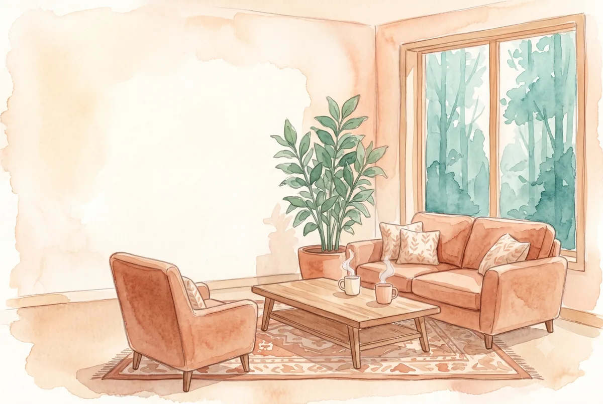 Consultorio cálido con un sofá de dos cuerpos, mesa ratona con dos tazas humeantes y sillón del terapeuta, ilustración en acuarela